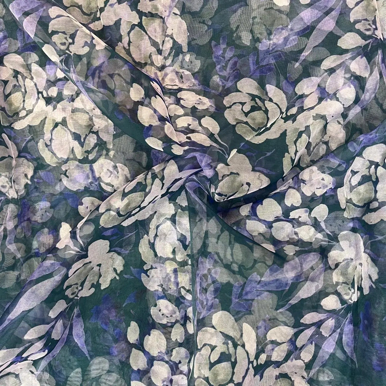 Bluish Grey Flower Digital Print Organza Fabric