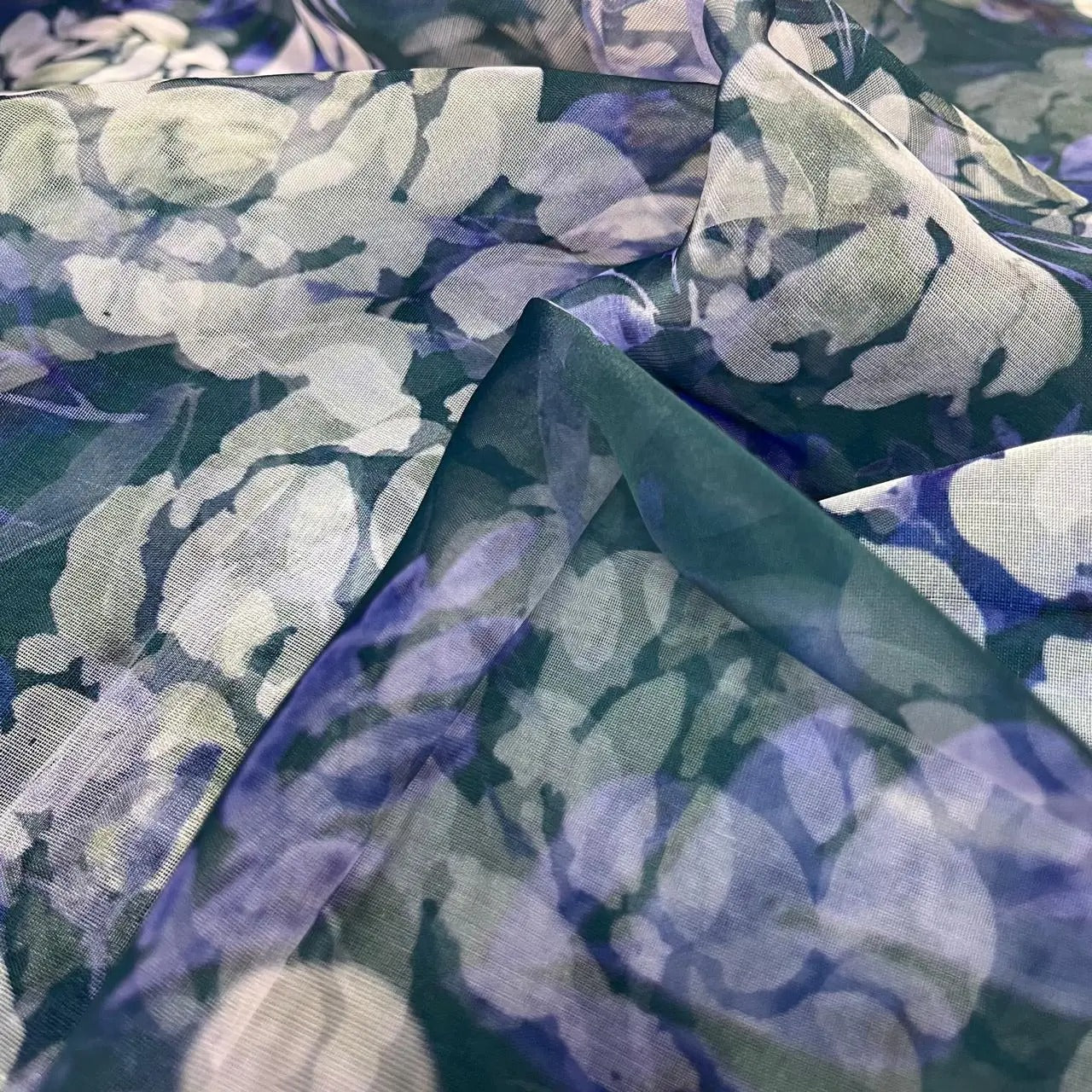 Bluish Grey Flower Digital Print Organza Fabric