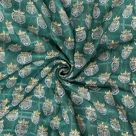 Dark Green Color Digital Print Linen Checks Fabric