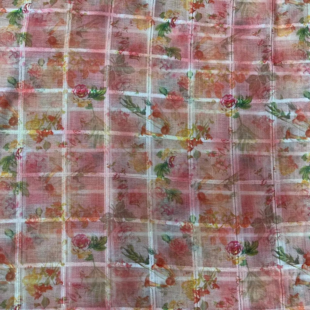 Pink Color Digital Print Linen Checks Fabric