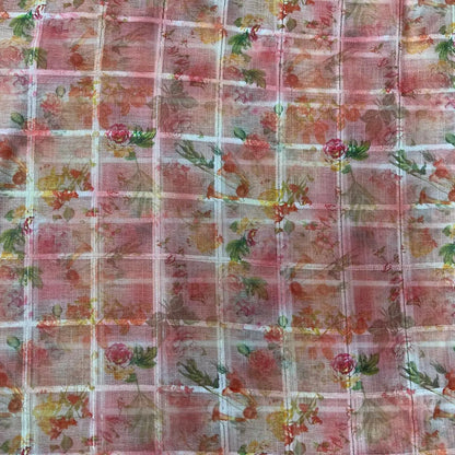 Pink Color Digital Print Linen Checks Fabric