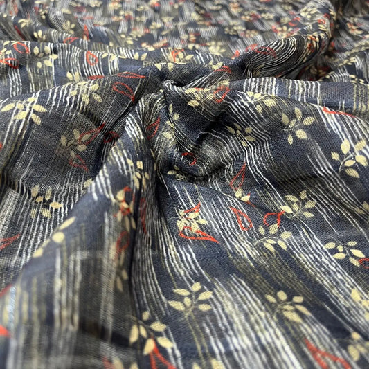 Dark Grey  Color Digital Print Linen Checks Fabric