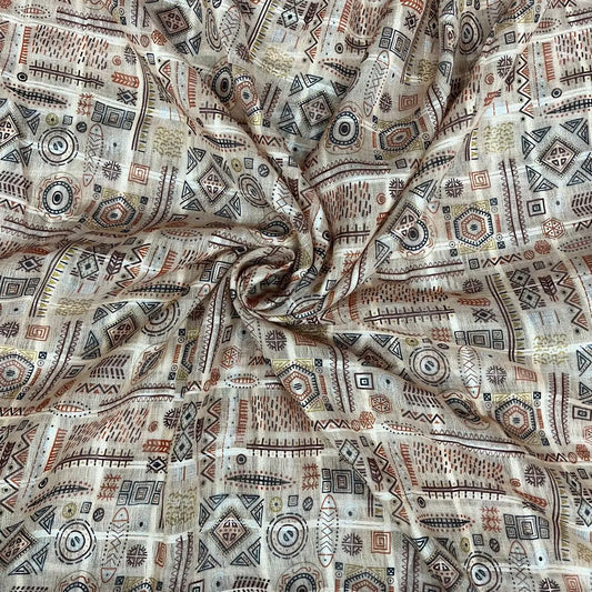 Cream Color Digital Print Linen Checks Fabric