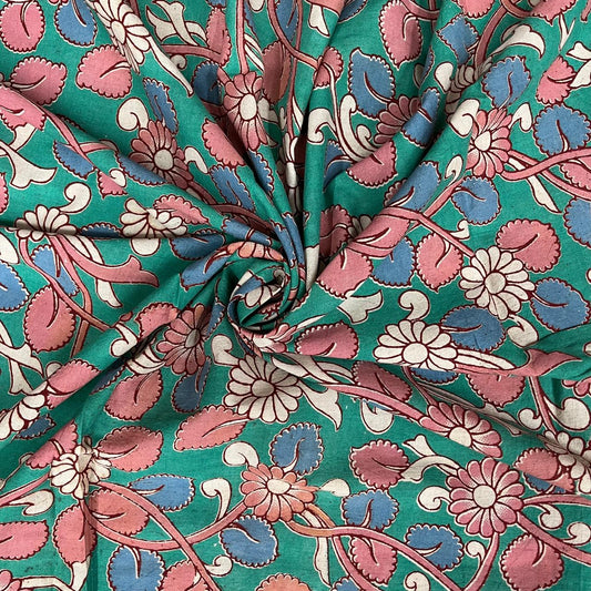 Green Color Kalamkari Hand Block Printed Cotton Fabric