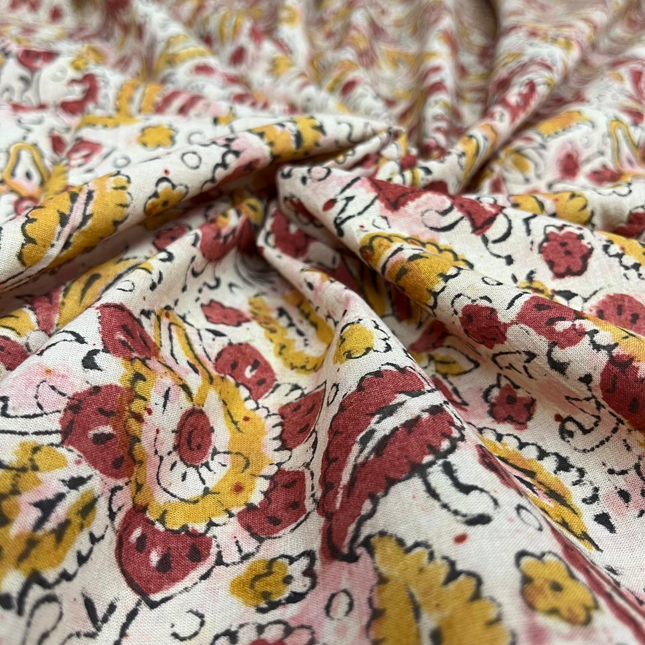 White Color Kalamkari Hand Block Printed Cotton Fabric