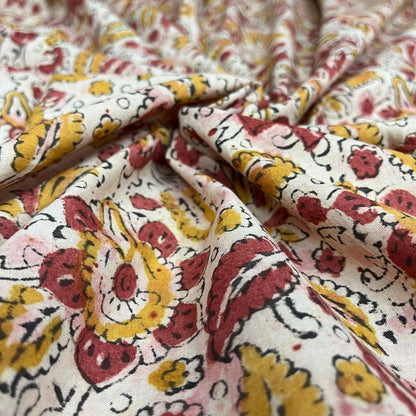 White Color Kalamkari Hand Block Printed Cotton Fabric