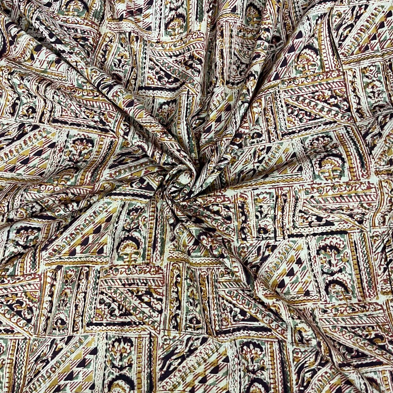 White Color Kalamkari Hand Block Printed Cotton Fabric