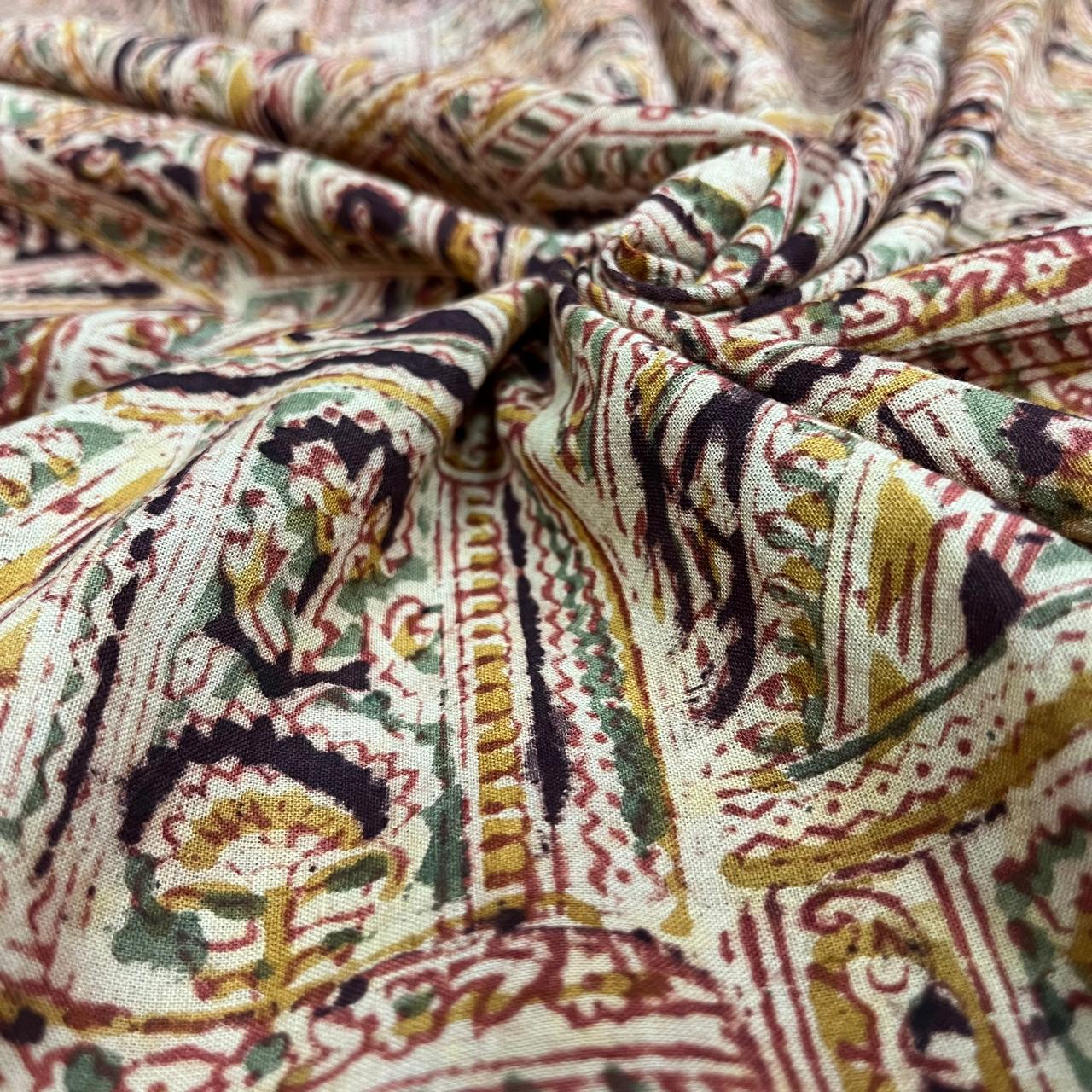 White Color Kalamkari Hand Block Printed Cotton Fabric