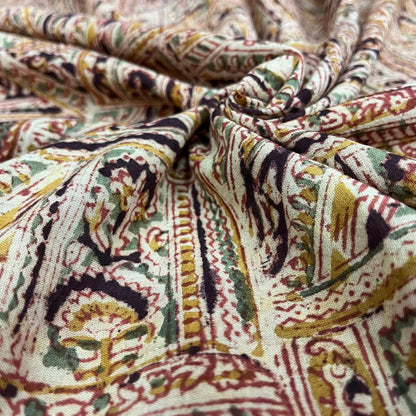 White Color Kalamkari Hand Block Printed Cotton Fabric