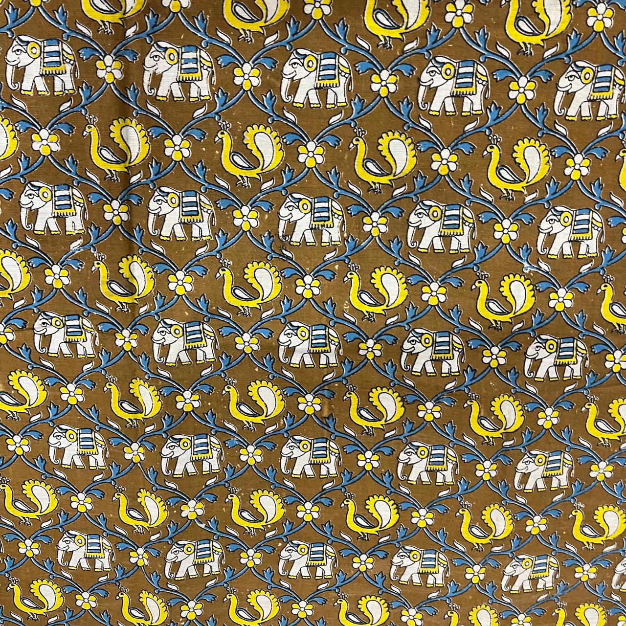Wood Color Kalamkari Hand Block Printed Cotton Fabric