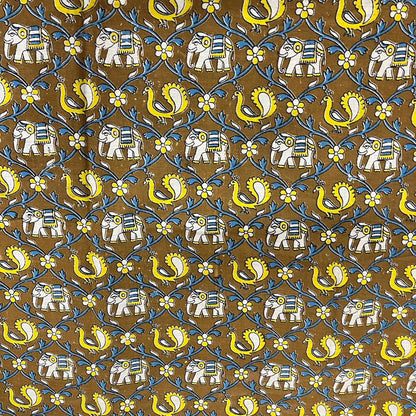 Wood Color Kalamkari Hand Block Printed Cotton Fabric