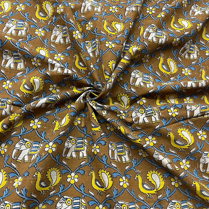 Wood Color Kalamkari Hand Block Printed Cotton Fabric