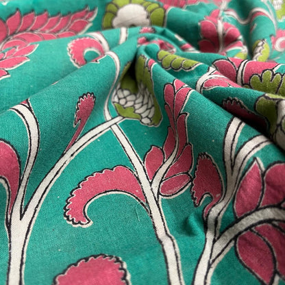 Pine Green Color Kalamkari Hand Block Printed Cotton Fabric