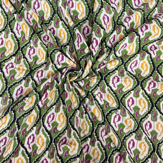 Olive Color Green Kalamkari Hand Block Printed Cotton Fabric