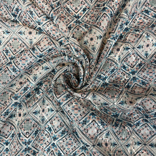 Light Grey with Blue Color Modal Thread Aari Work Fabric