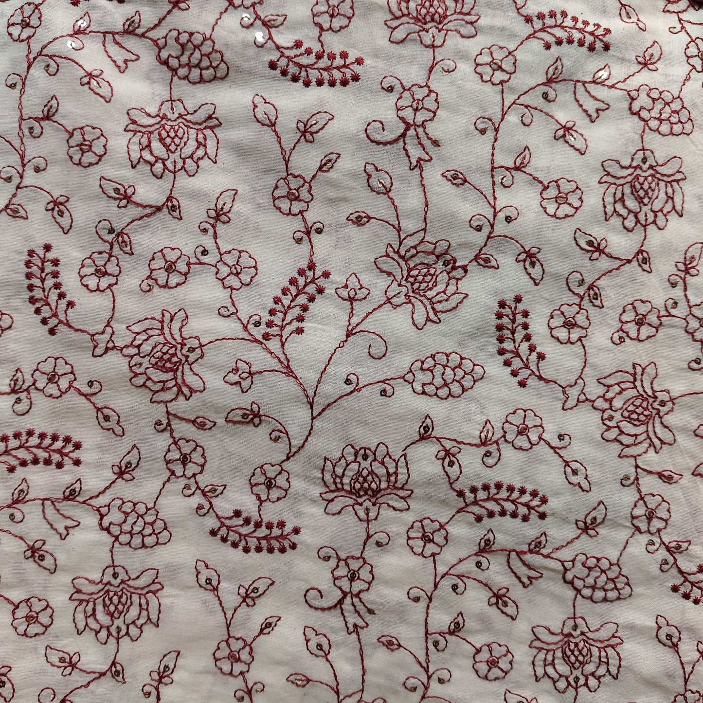Pure Cotton Kora Embroidery Fabric - Red