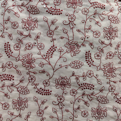 Pure Cotton Kora Embroidery Fabric - Red