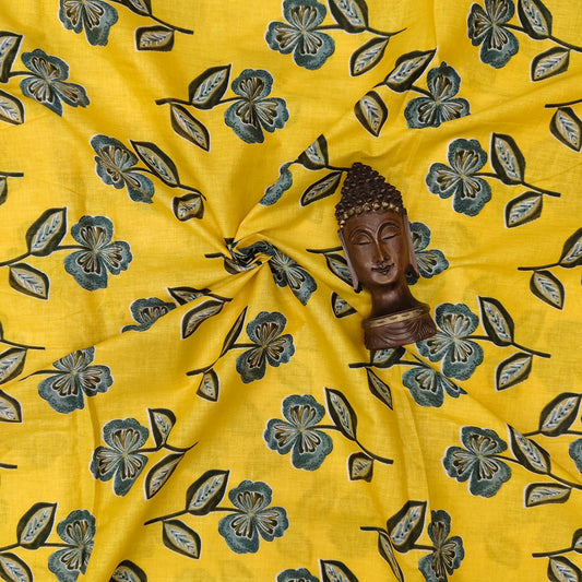 Yellow - Sanganeri Block Print Cotton Cambric Fabric